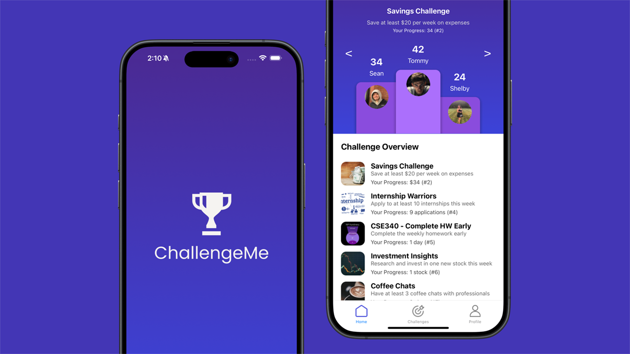 Phone mockups of the logo and challenges feature of Challenge Me