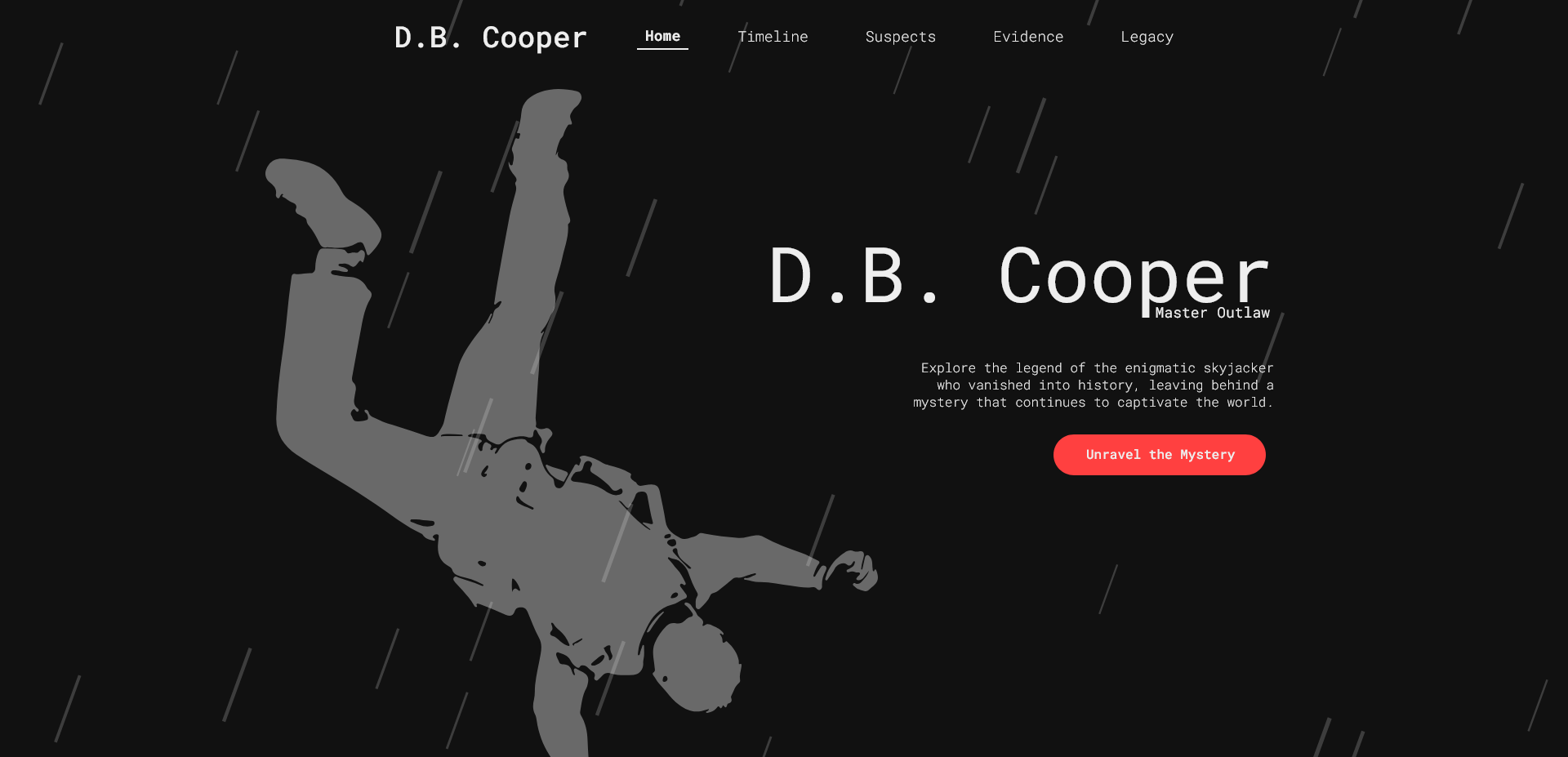 DB Cooper website landing page with a skydiving criminal and rain effects